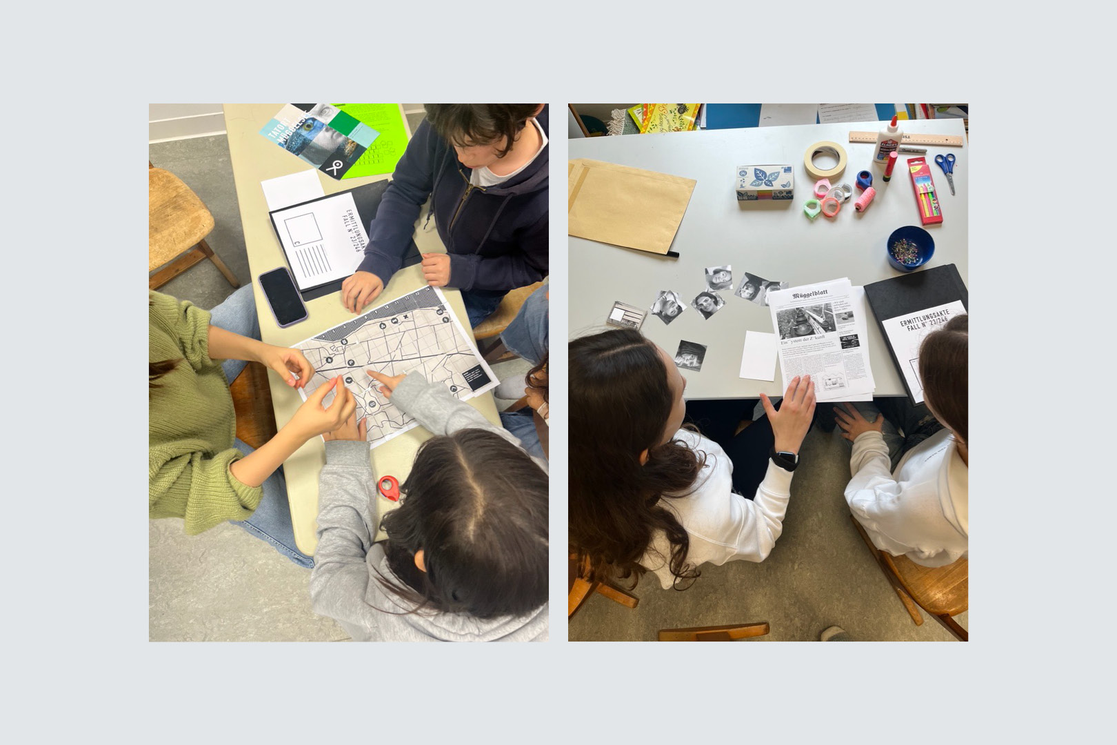 Besonderes Lernerlebnis im Klassenzimmer: Kinder üben sich mit Stadtplan und Zeitungsartikeln als Detektive