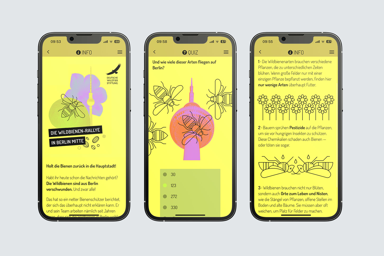 Lernerlebnis Actionbound: Drei exemplarische Screens der Wildbienenrallye durch Berlin